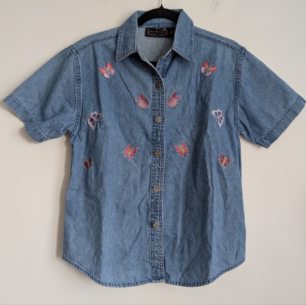 Vintage Denim Button Down Shirt Sleeve Shirt with Butterfly Embroidery S